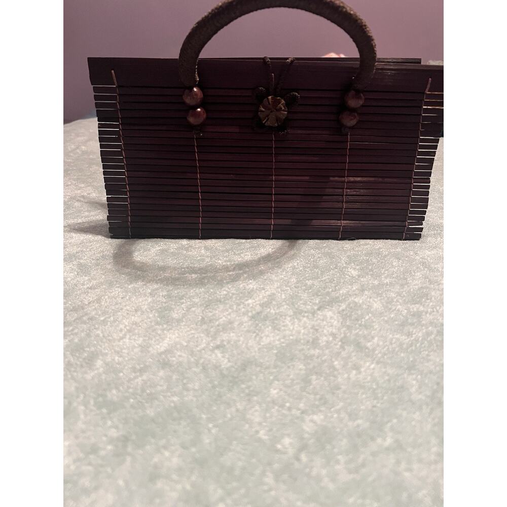 Mahogany Bamboo Slat Clutch Bag Purse W/ Rope Handle Women's Handbag Boho - Picture 4 of 4